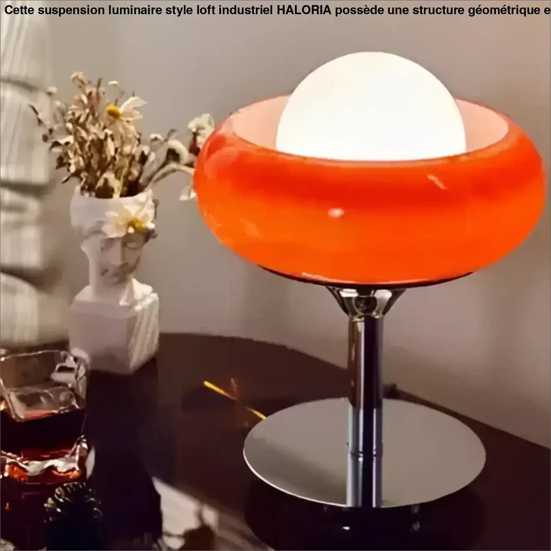 Lampe de table bellora en verre translucide orange avec base et pied en chrome pour décoration intérieure table rétro space age