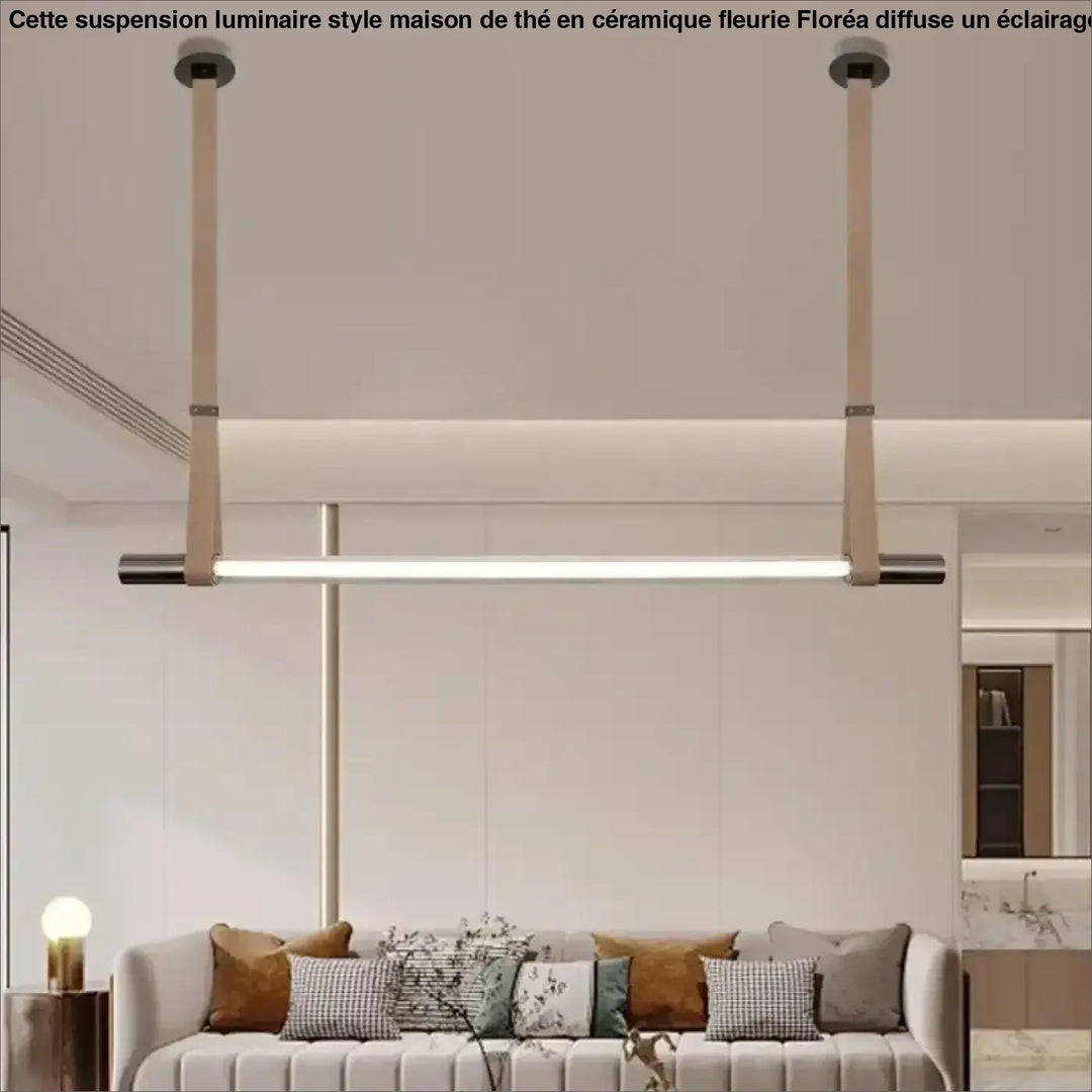 Suspension luminaire modern minimaliste avec barre led rectangulaire allongée en lumière blanche chaude suspendue par sangles en tissu beige