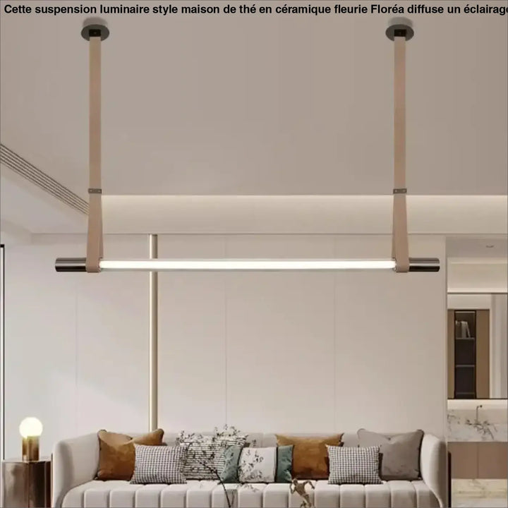 Suspension luminaire modern minimaliste avec barre led rectangulaire allongée en lumière blanche chaude suspendue par sangles en tissu beige
