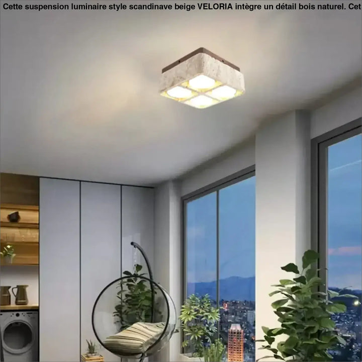 Suspension luminaire style scandinave beige avec finition pierre blanche texturée et cadre en bois sombre avec quatre panneaux éclairés veloria