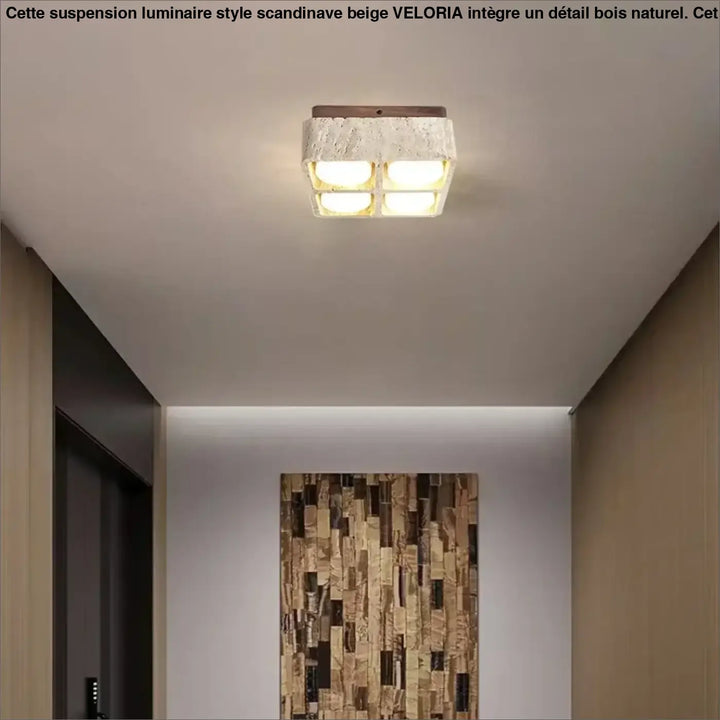 Suspension luminaire style scandinave beige avec fini marbré texturé et quatre ampoules led chaudes en grille veloria