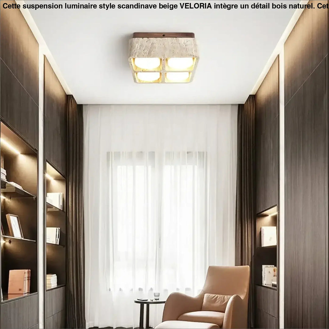 Suspension luminaire style scandinave beige avec dessus texturé pierre et panneaux lumineux chauds veloria