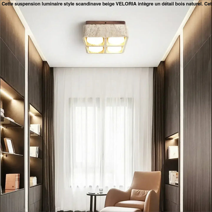 Suspension luminaire style scandinave beige avec dessus texturé pierre et panneaux lumineux chauds veloria