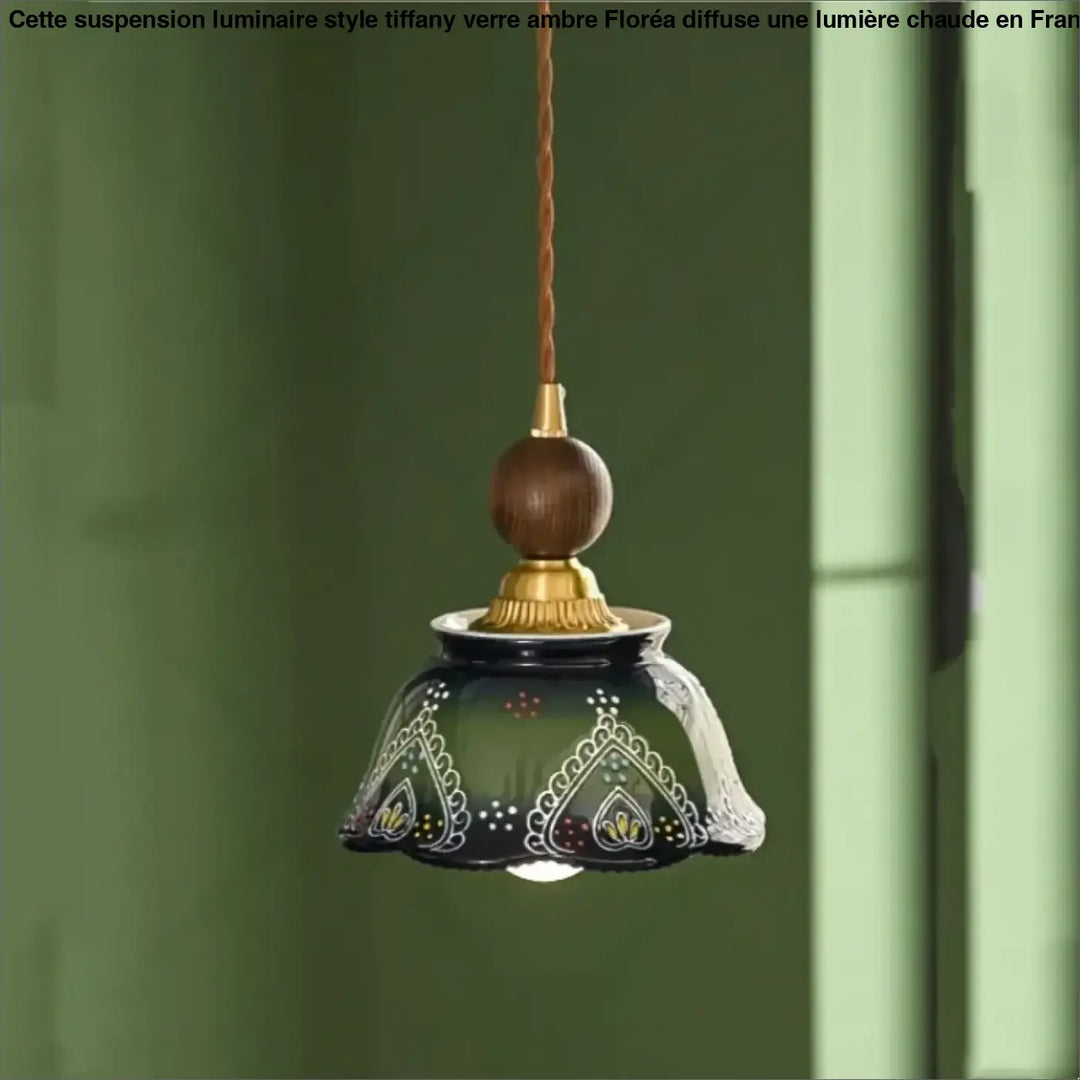 Suspension vintage en céramique vert et bois pour salon chic