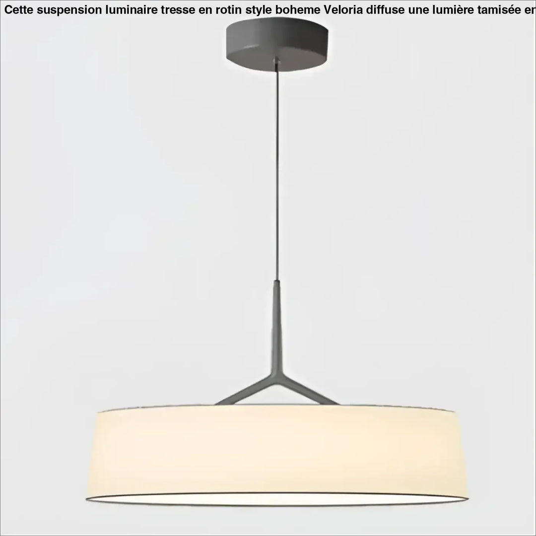 Suspension luminaire tresse en rotin style boheme avec cadre métal mat gris et abat-jour tissu écru doux