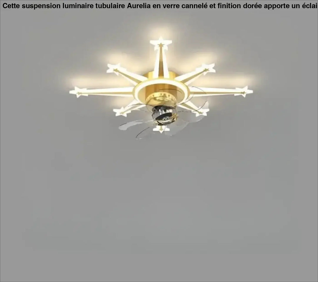 Luminaire plafonnier axiel avec ventilateur doré et lumières en forme detoile avec pales transparentes sont elles incluses