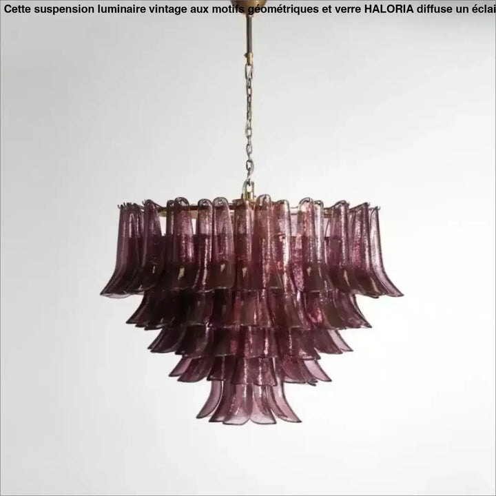 Suspension luminaire vandis effet cascade en verre sculpté violet profond avec chaîne et support finition laiton