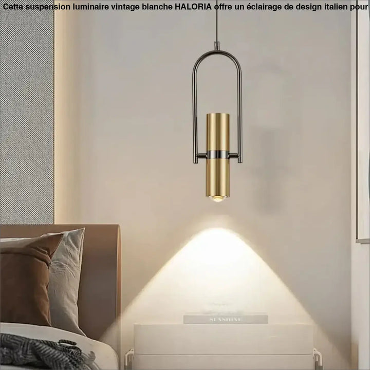 Suspension luminaire sigo avec corps cylindrique en laiton brossé et cadre noir spot orientable au-dessus de table de chevet