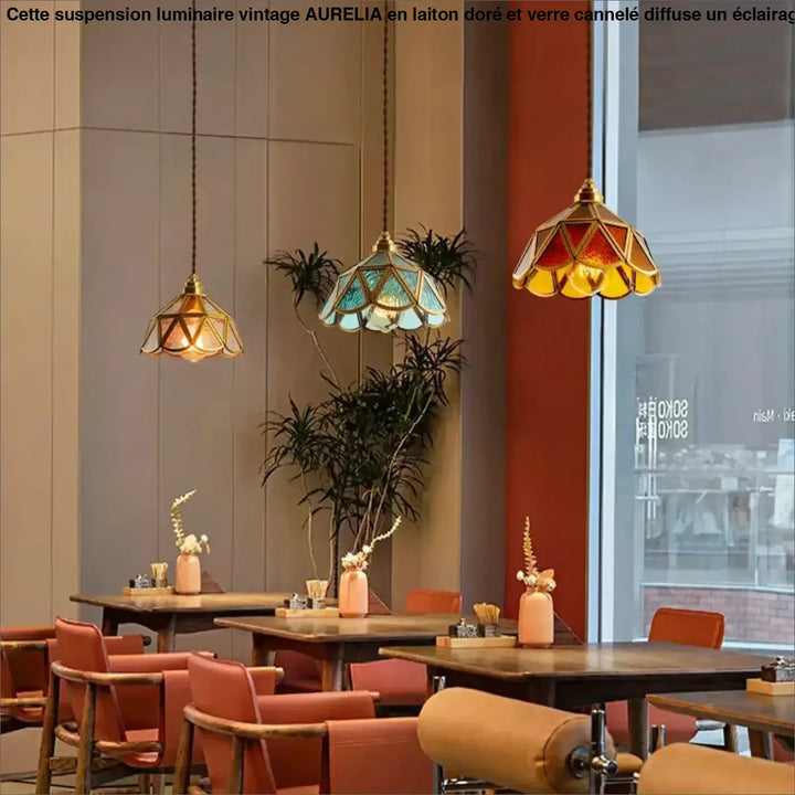 Suspension luminaire rétro en verre multicolore vitrail design