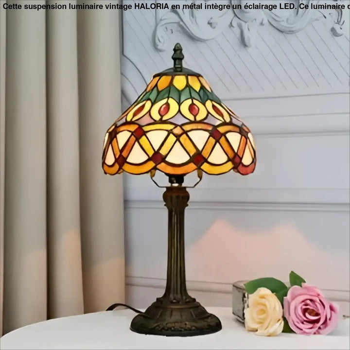 Lampe de chevet antika en luminaire antique design vintage avec abat-jour en vitrail jaune orange et vert mosaïque