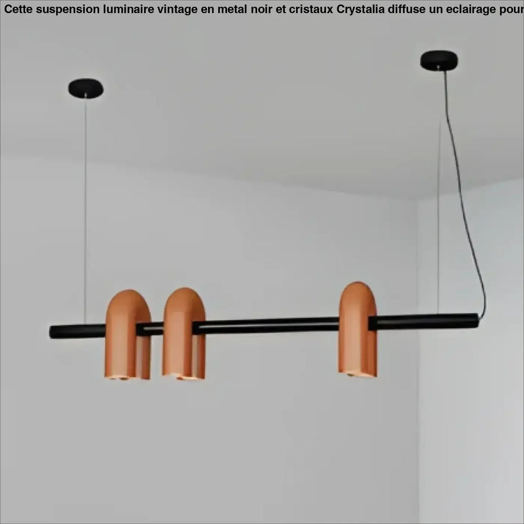 Suspension luminaire onda en cuivre avec barre noire horizontale et trois lampes cylindriques pour un design moderne