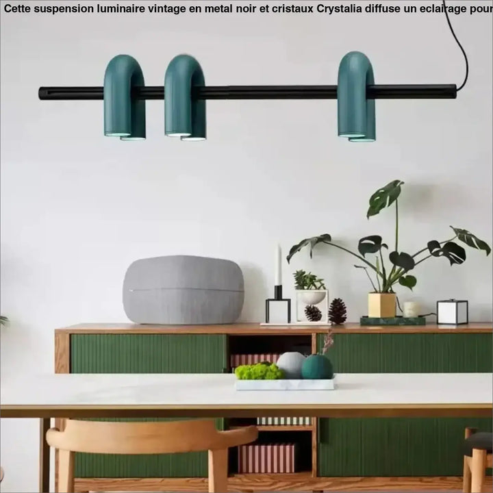 Suspension luminaire onda avec trois abat-jours tubulaires incurvés couleur sarcelle suspendus à une barre noire