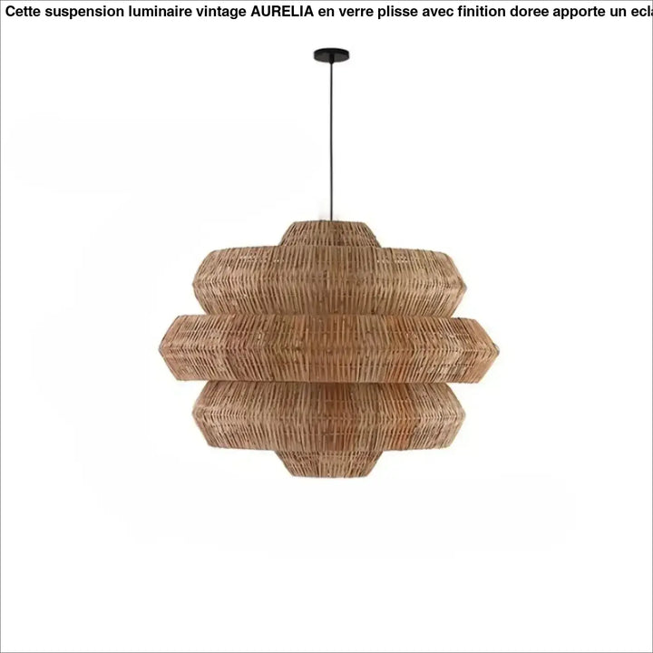Suspension luminaire artisanale en rotin naturel avec formes superposées hexagonales en beige chaud, modèle Tiello