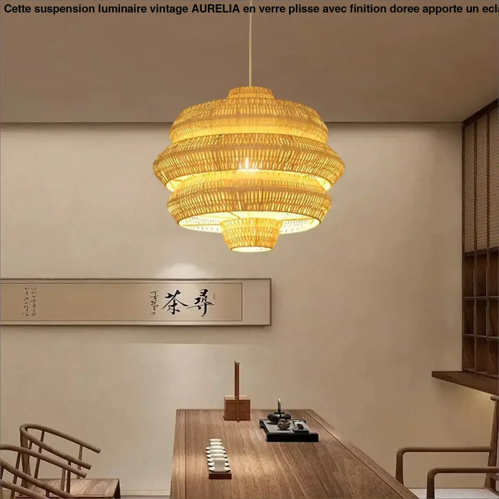 Suspension luminaire artisanale formes superposées en bambou naturel chaud avec plusieurs étages pour ambiance chaleureuse