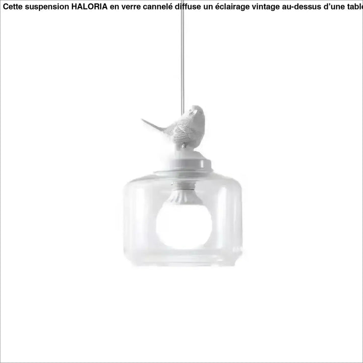 Suspension luminaire vintage verre cannelé transparent avec oiseau en céramique blanche au-dessus d’une table