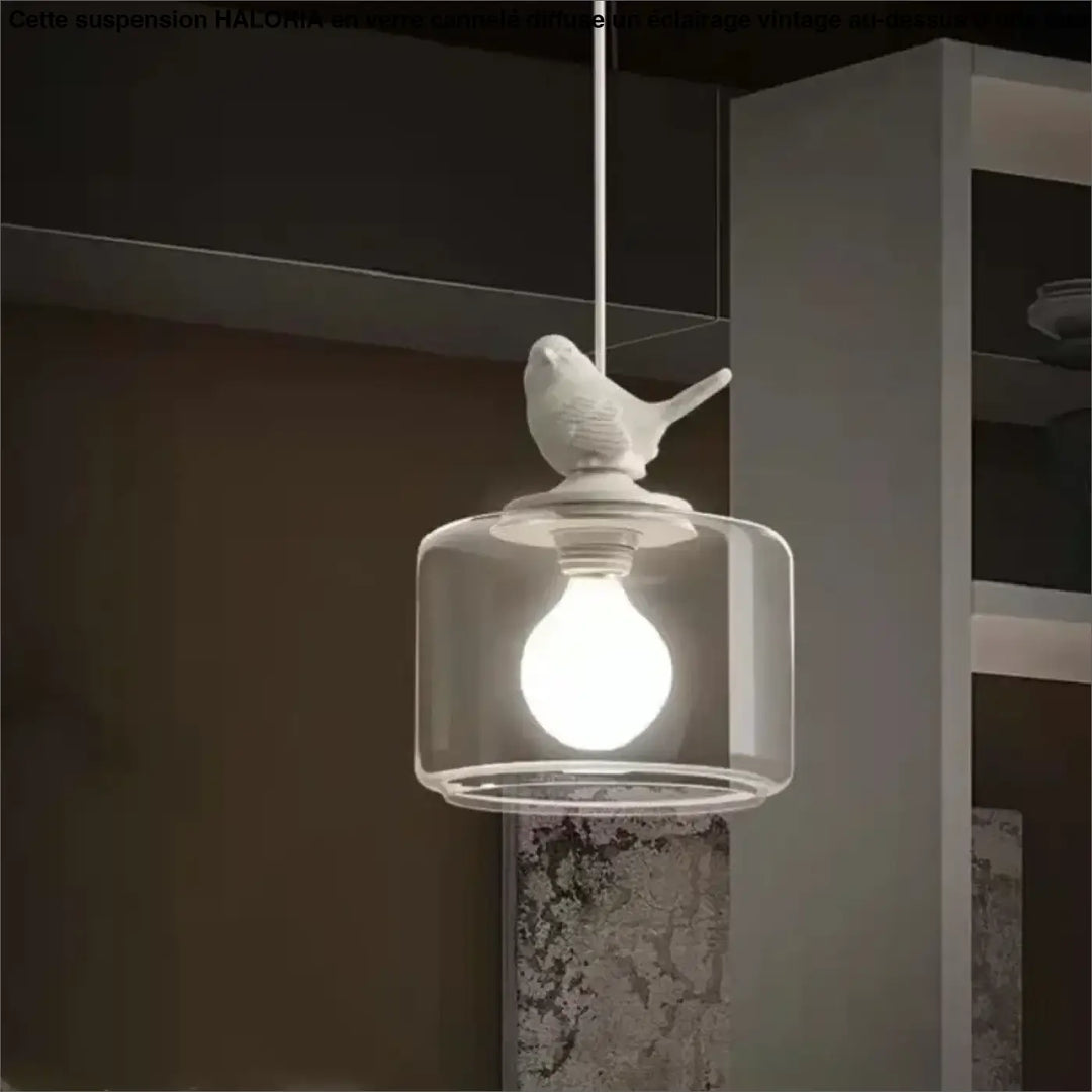 Suspension luminaire vintage en verre cannelé transparent avec oiseau en céramique blanche au-dessus d’une table ou d’un coin salon