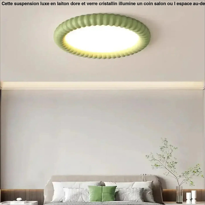 Luminaire plafonnier design annela avec contour cannelé en plastique vert menthe et éclairage blanc chaud doux