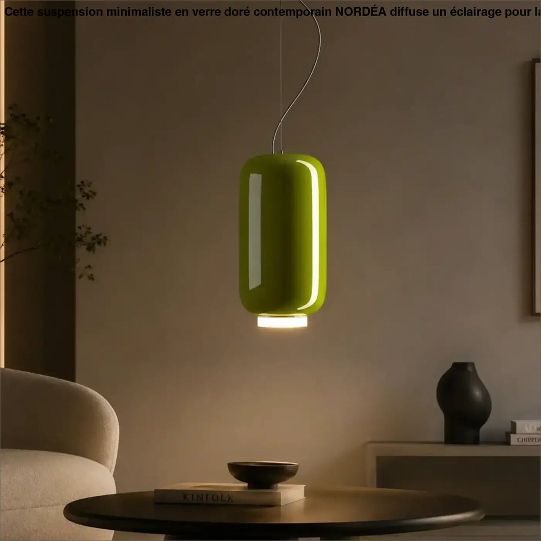 Suspension luminaire olmo en forme cylindrique lime verte avec finition brillante suspendue par un cordon métallique incurvé