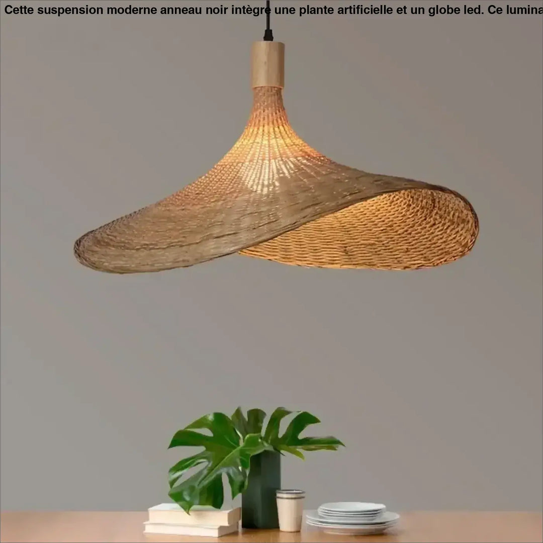 Suspension luminaire en bois et rotin inspiré des maisons de campagne

