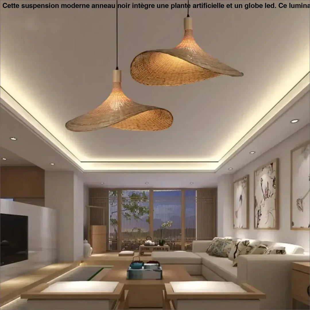 Suspension luminaire en bois et rotin inspiré des maisons de campagne

