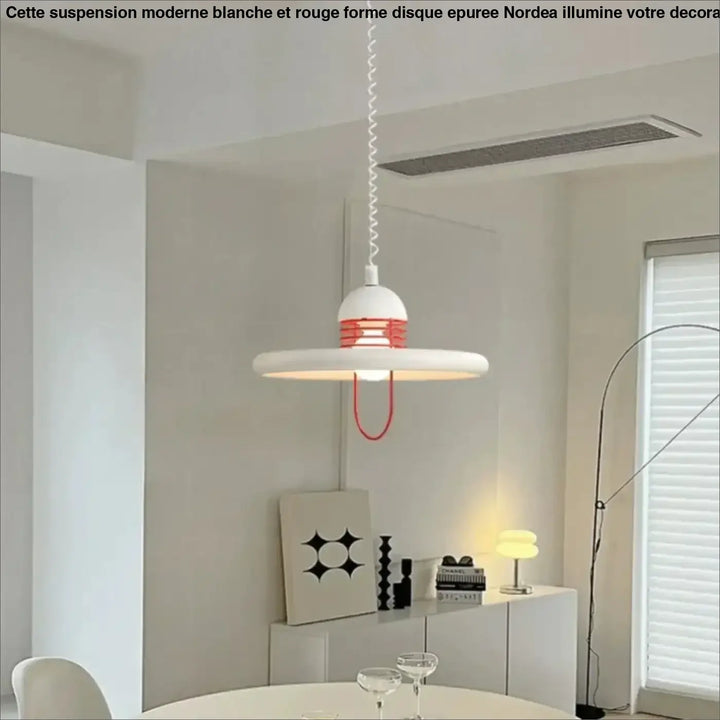 Suspension moderne blanche et rouge en forme de disque épurée