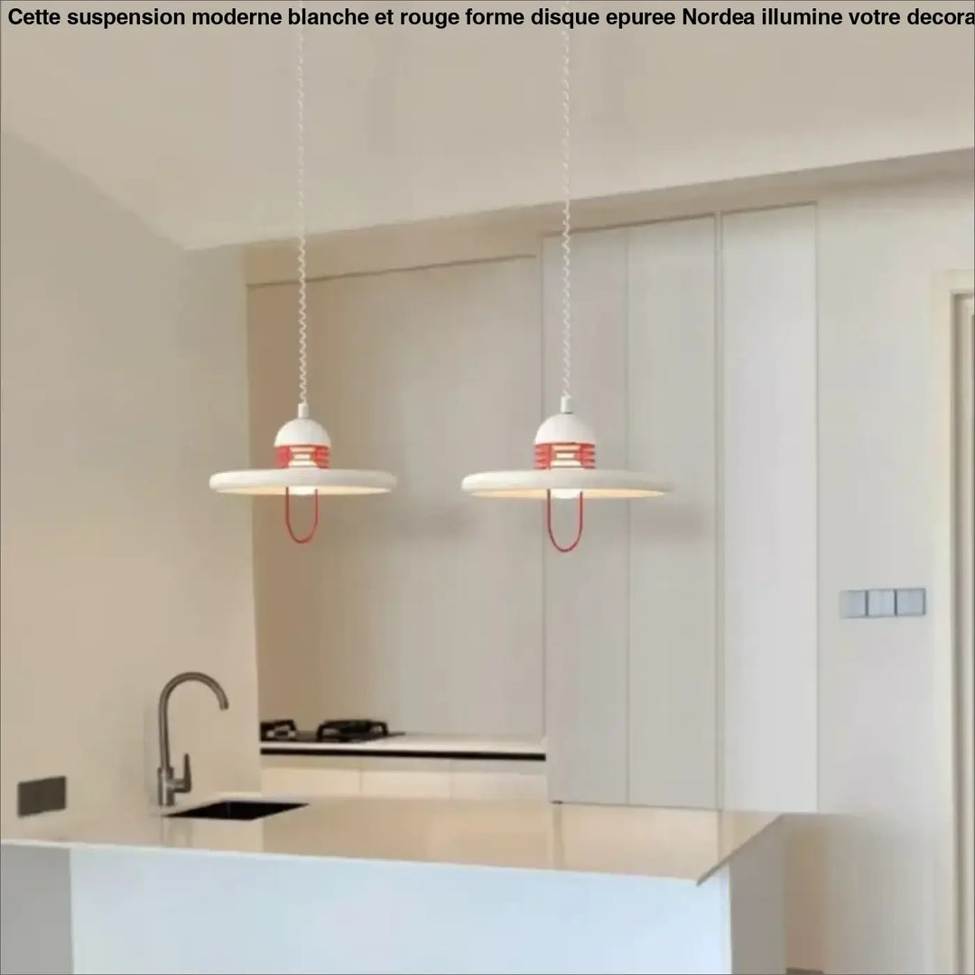 Suspension moderne blanche et rouge en forme de disque épurée