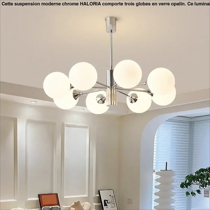 Suspension moderne chrome à globes en verre opalin style contemporain

