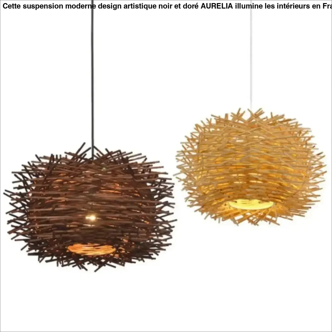 Deux suspensions moderne design artistique en forme de sphère en branches brunes et dorées avec lumière chaude intérieure