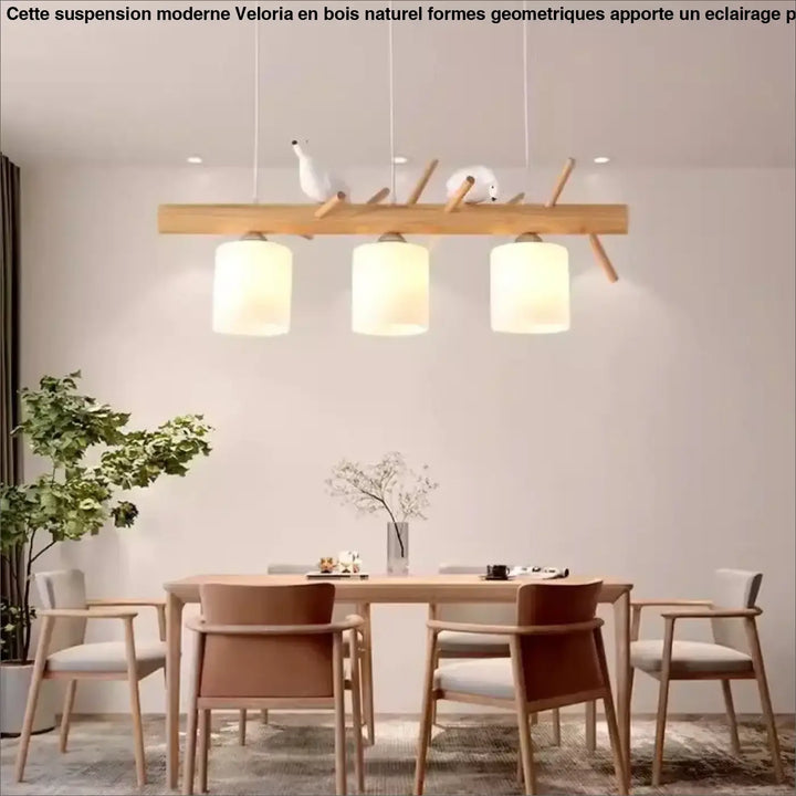 Suspension moderne en bois naturel formes geometriques avec trois abat-jours cylindriques chauds et oiseaux décoratifs