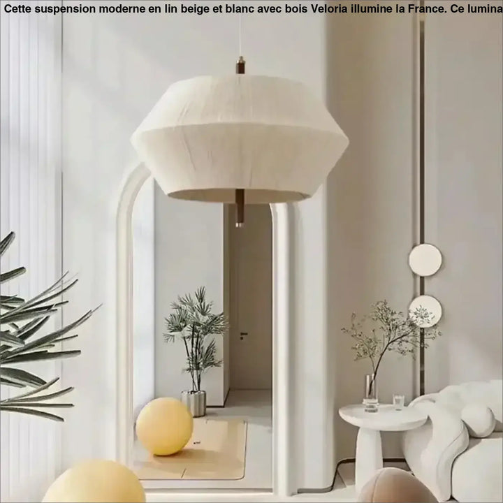 Suspension moderne en lin beige et blanc avec détails en bois