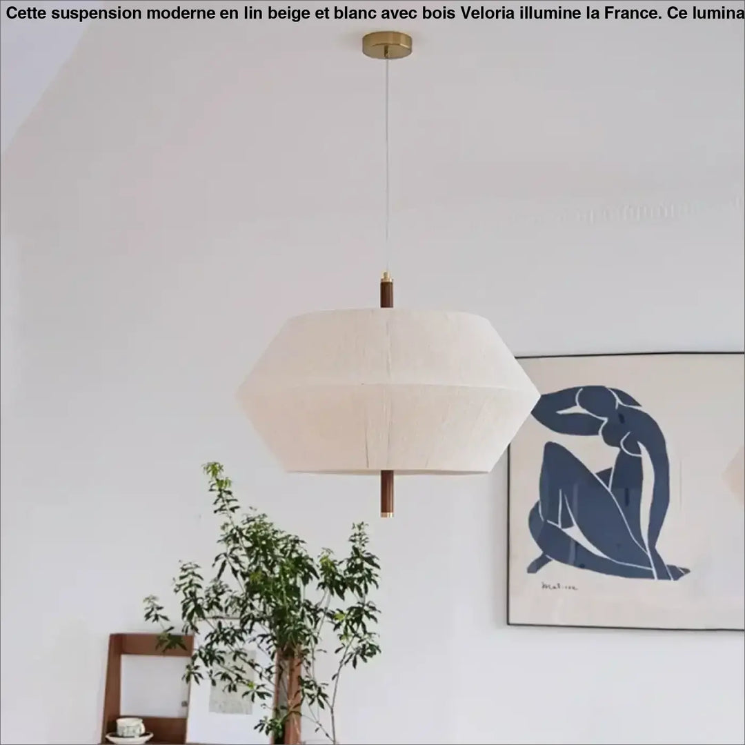 Suspension moderne en lin beige et blanc avec détails en bois