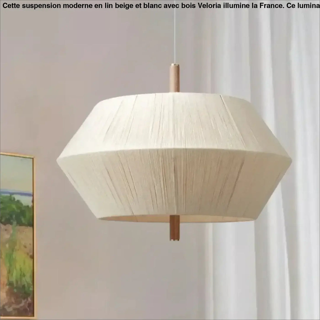 Suspension moderne en lin beige et blanc avec détails en bois