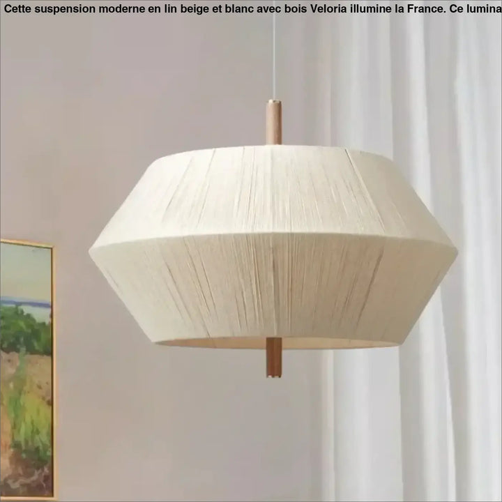 Suspension moderne en lin beige et blanc avec détails en bois