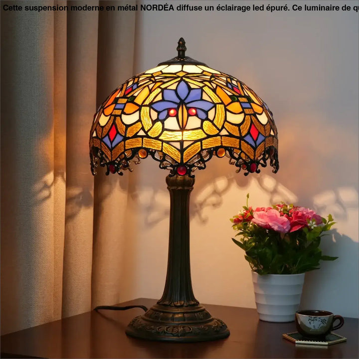 Lampe de table nanih style vintage tiffany avec abat-jour en verre teinté floral or bleu et ambre