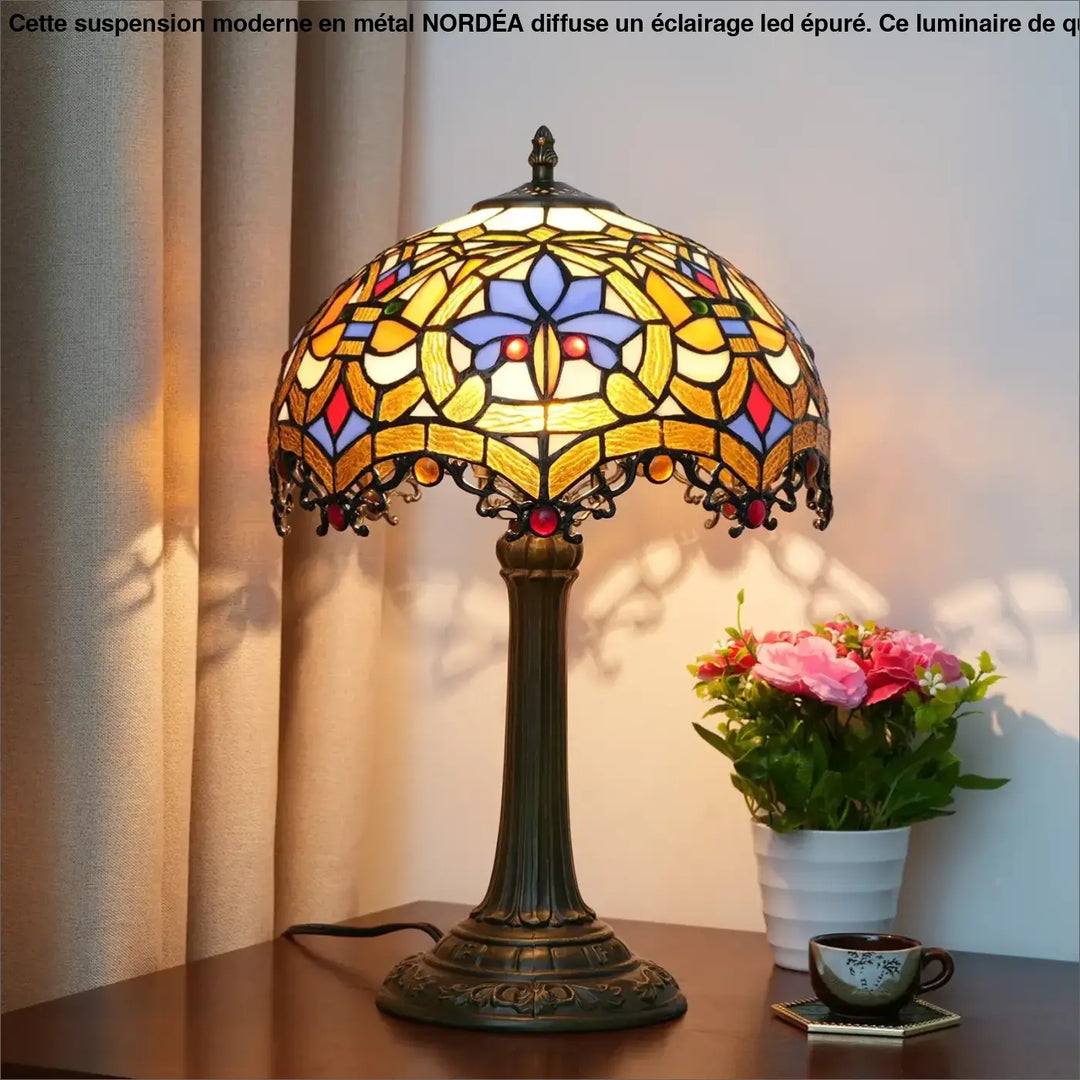 Lampe de table Nanih vintage style tiffany avec abat-jour en verre teinté floral jaune bleu rouge base en métal bronze