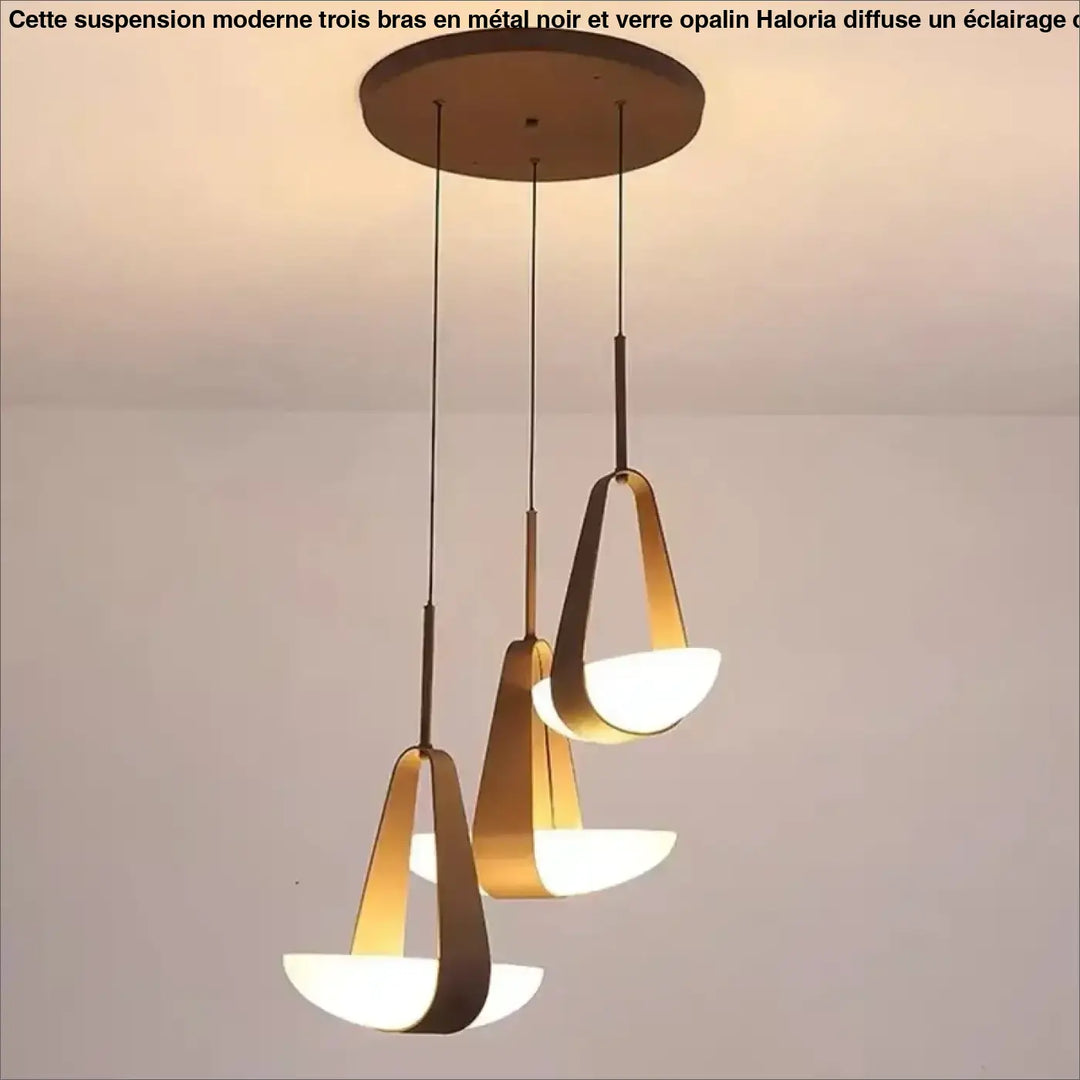 Suspension moderne trois bras métal noir et verre opalin

