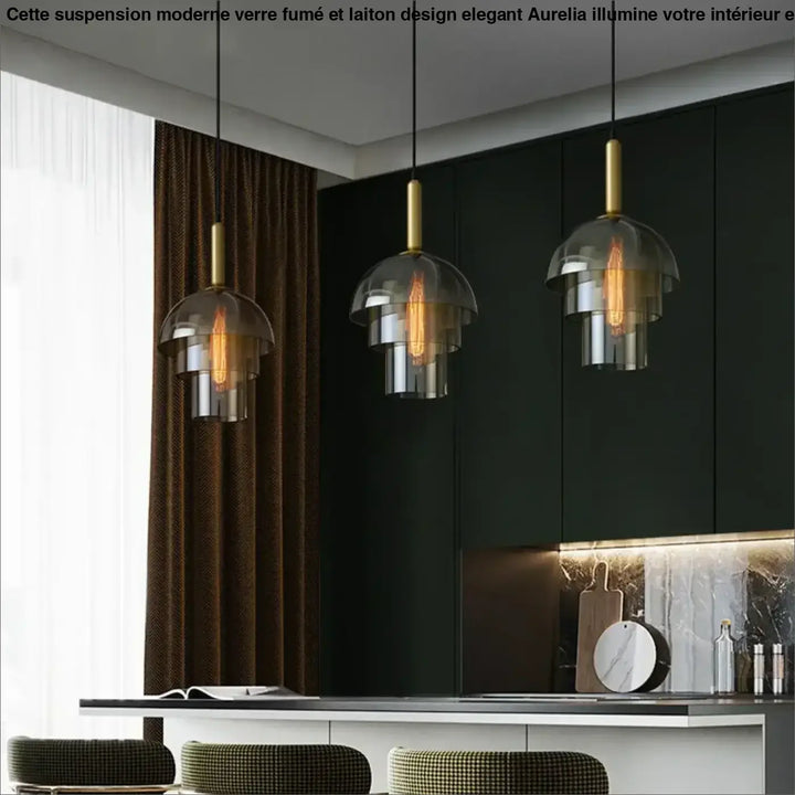 Suspension Moderne Verre Fumé et Laiton Design Élégant Art Déco