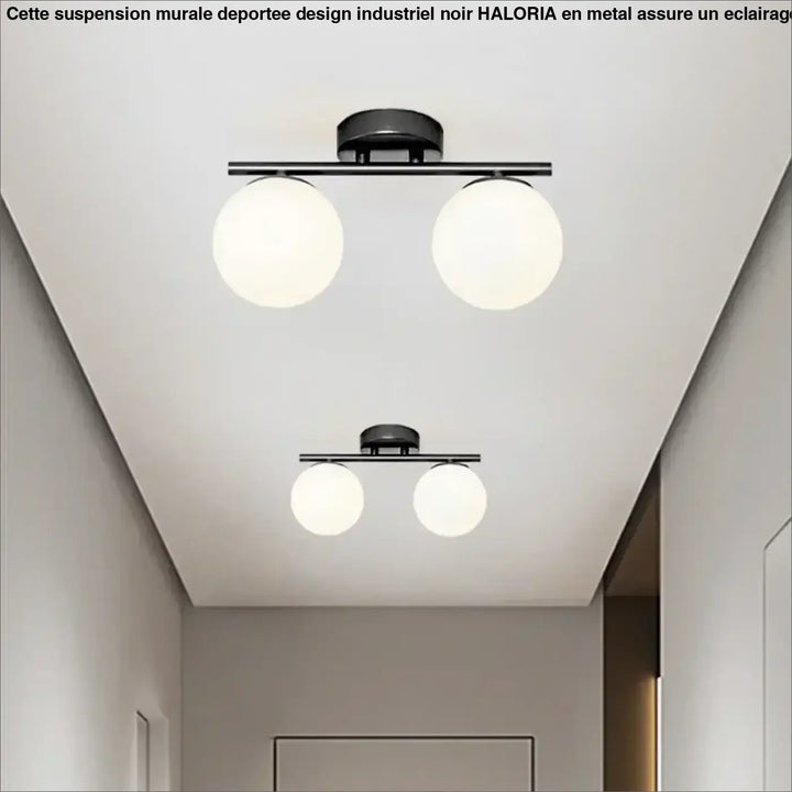 Suspension murale deportee design industriel noir en metal avec deux globes en verre depoli haloria