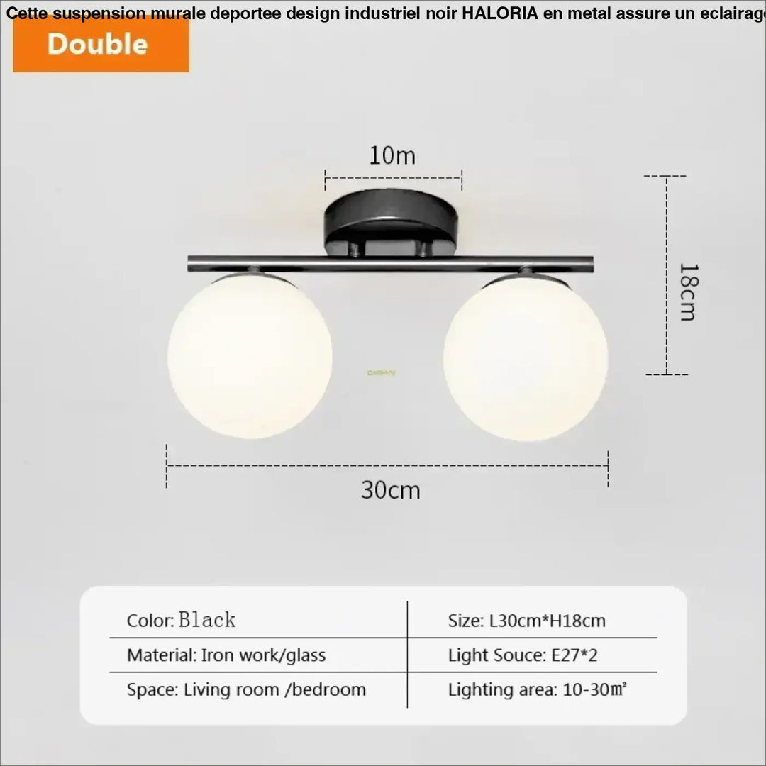 Suspension murale deportee design industriel noir avec double globe en fer et verre par haloria