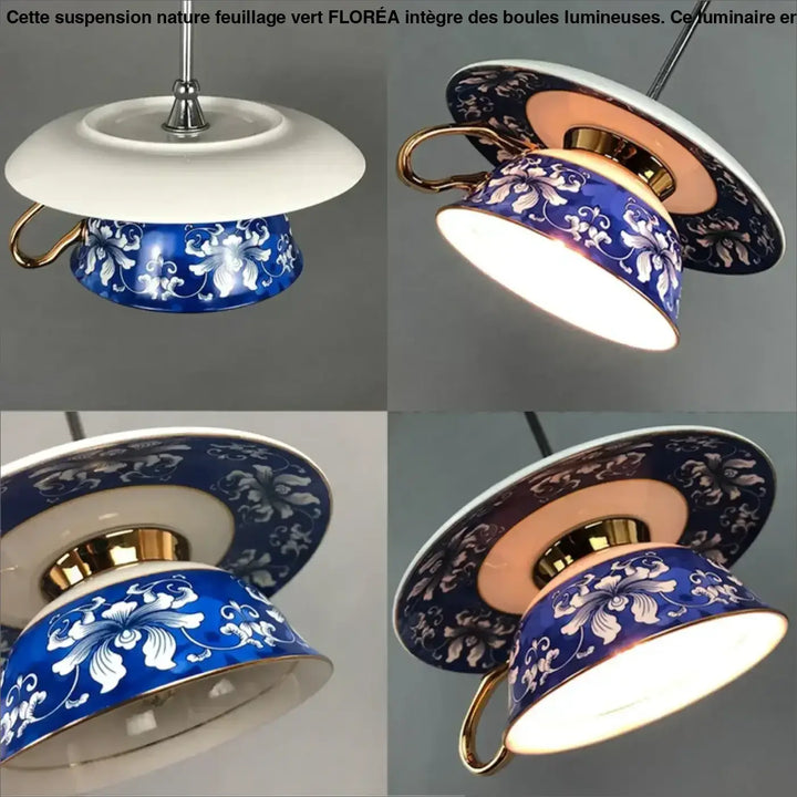 Suspension luminaire chinoise style tasse à fleurs bleues élégante