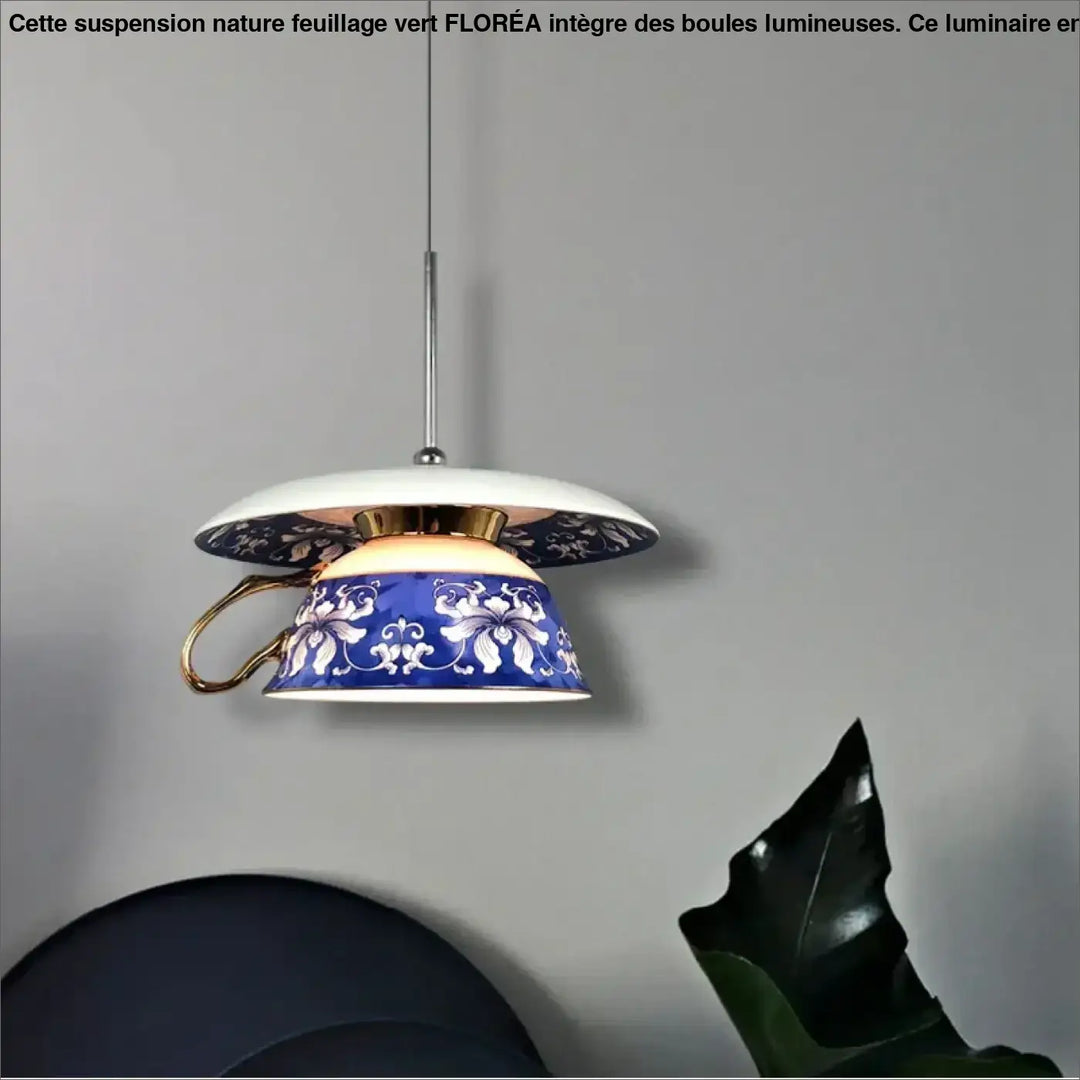 Suspension luminaire chinoise style tasse à fleurs bleues élégante
