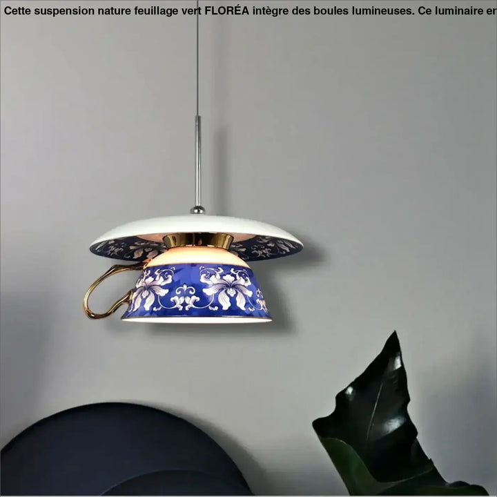 Suspension luminaire chinoise style tasse à fleurs bleues élégante