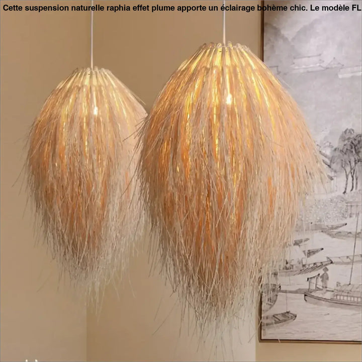 Suspension Naturelle Raphia Effet Plume Design Bohème Chic

