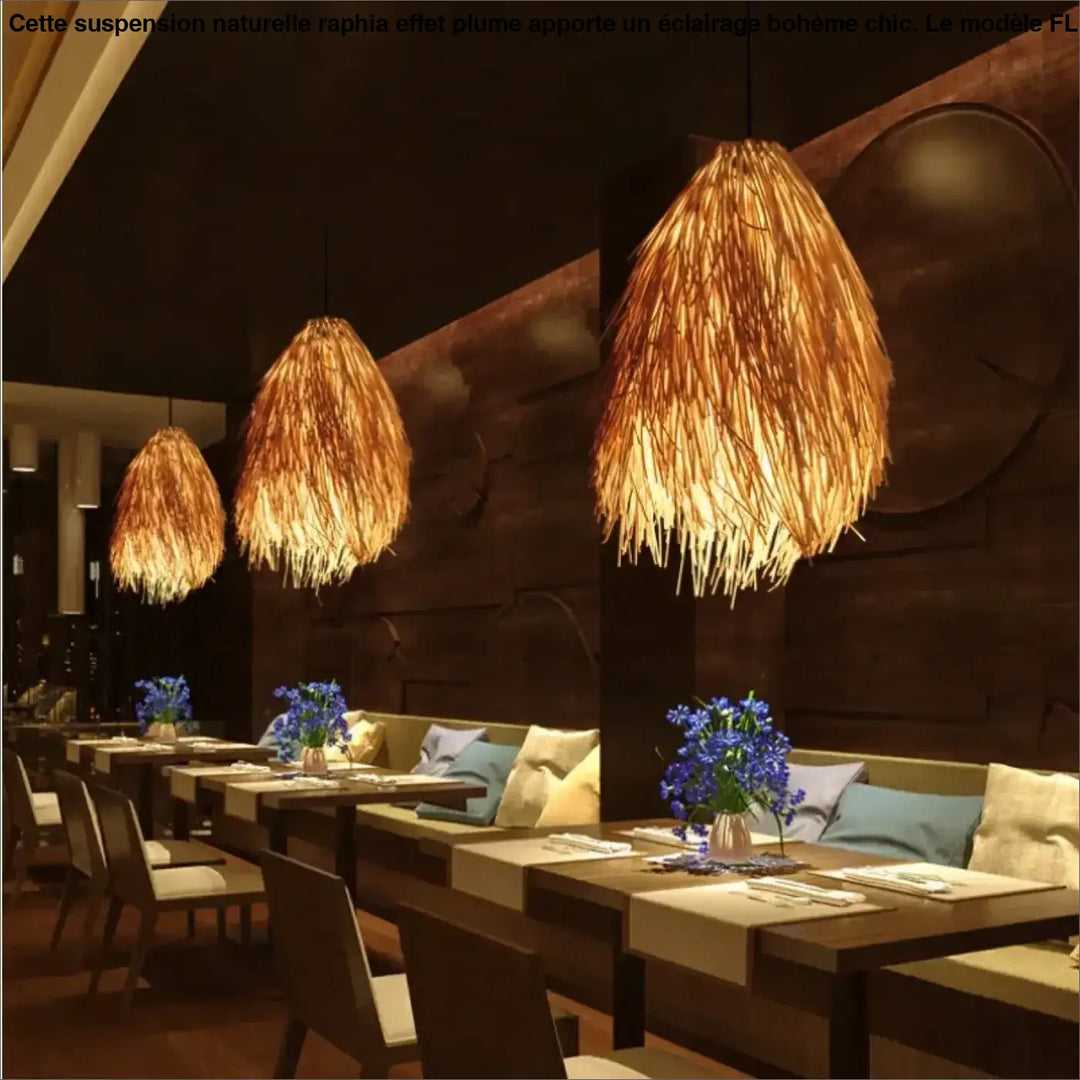 Suspension Naturelle Raphia Effet Plume Design Bohème Chic