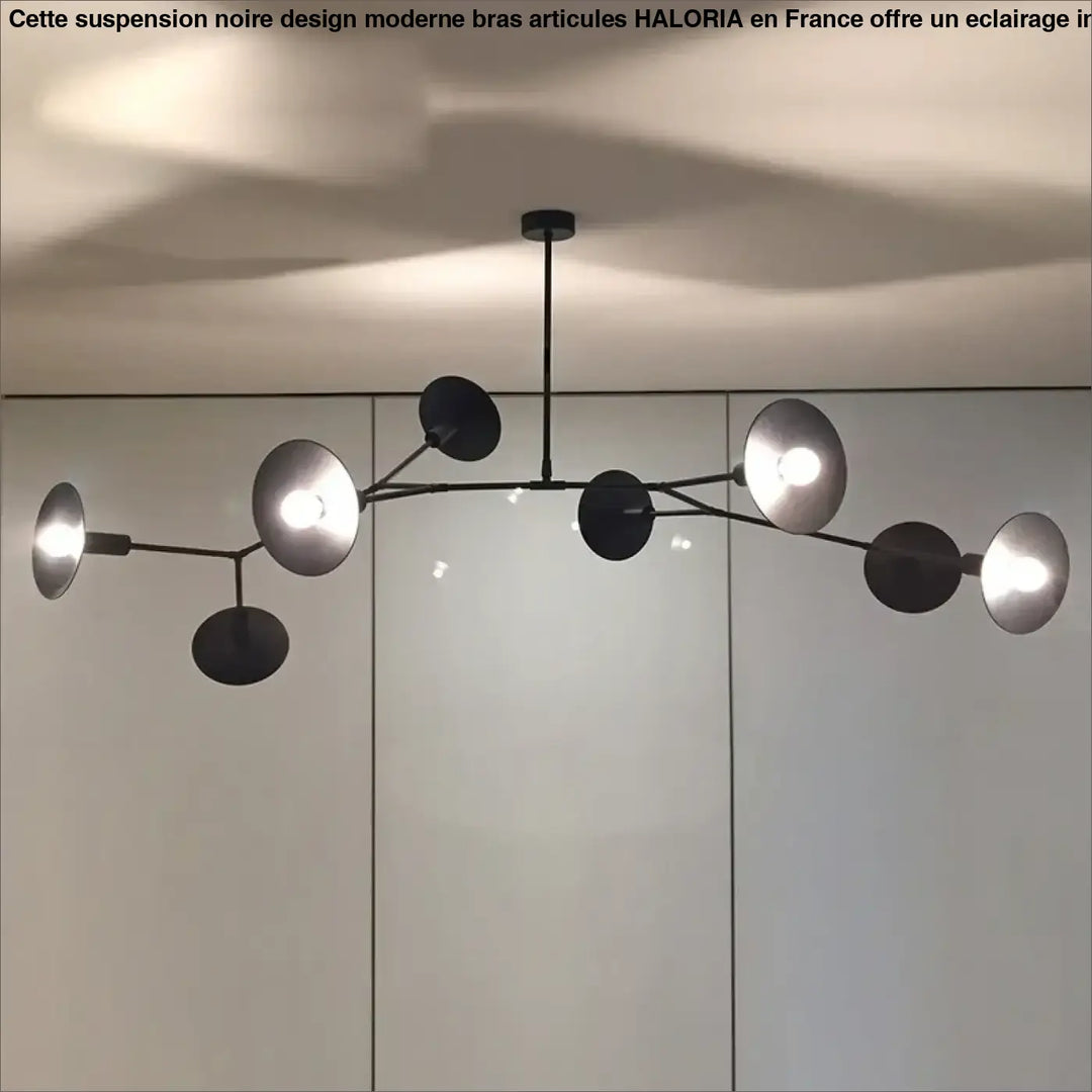 Suspension noire design moderne bras articulés style industriel


