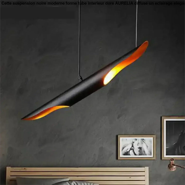 Suspension noire moderne forme tube intérieur doré lumineux

