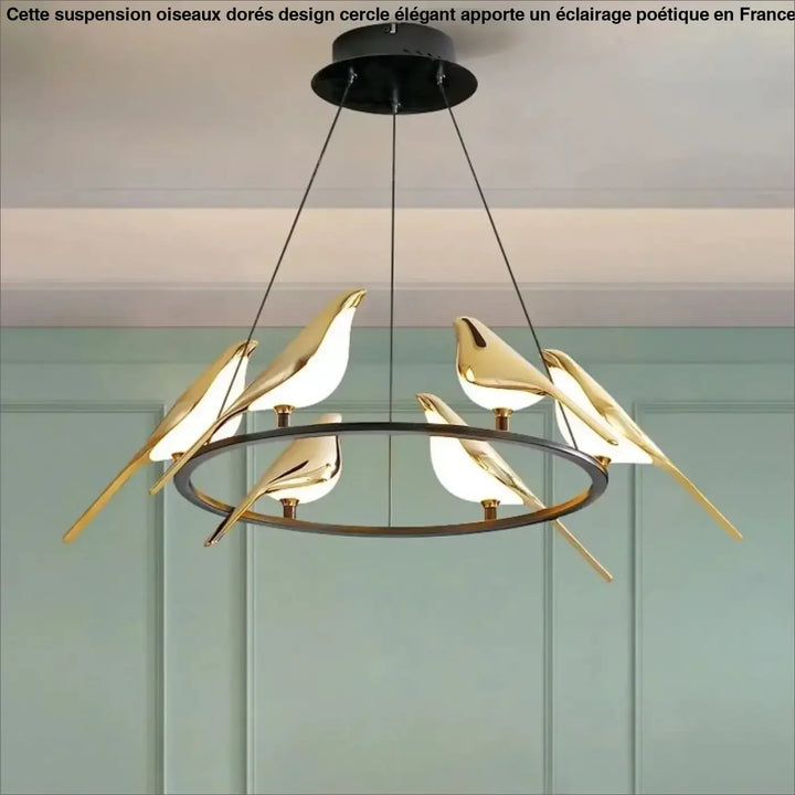 Suspension oiseaux dorés design cercle élégant style moderne poétique