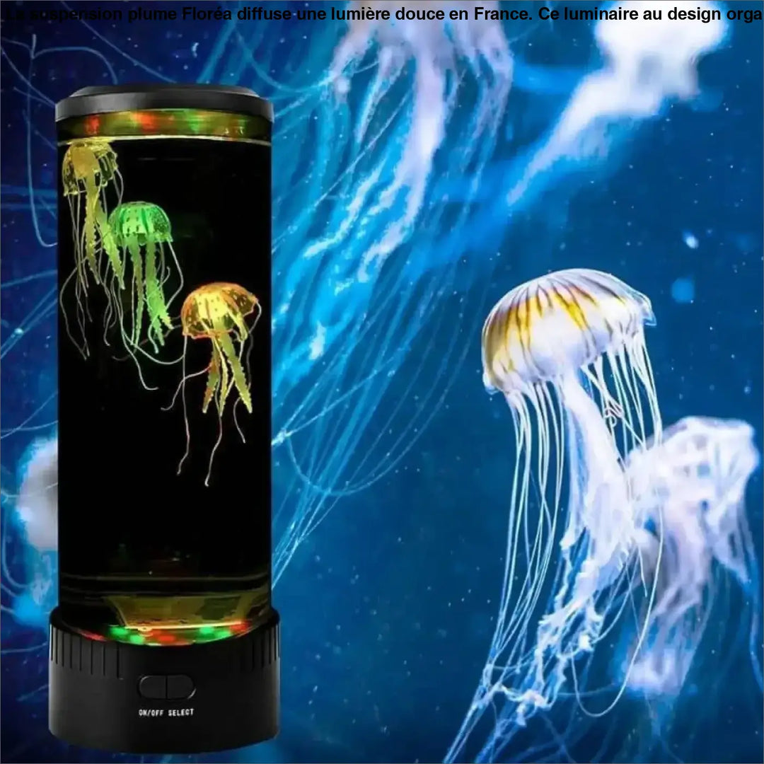 Suspension plume floreá aquarium cylindrique led avec base noire et méduses lumineuses vertes, orange, jaune au-dessus d’une table