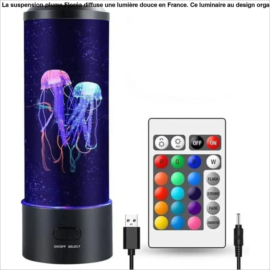Lampe led suspension plume cylindrique au-dessus d’une table avec corps bleu translucide et méduses roses et bleues lumineuses