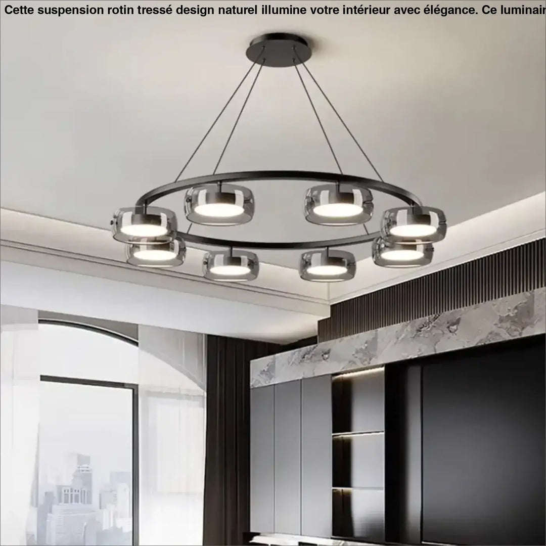 Suspension Luminaire Moderne Design Anneau Noir Avec Spots LED

